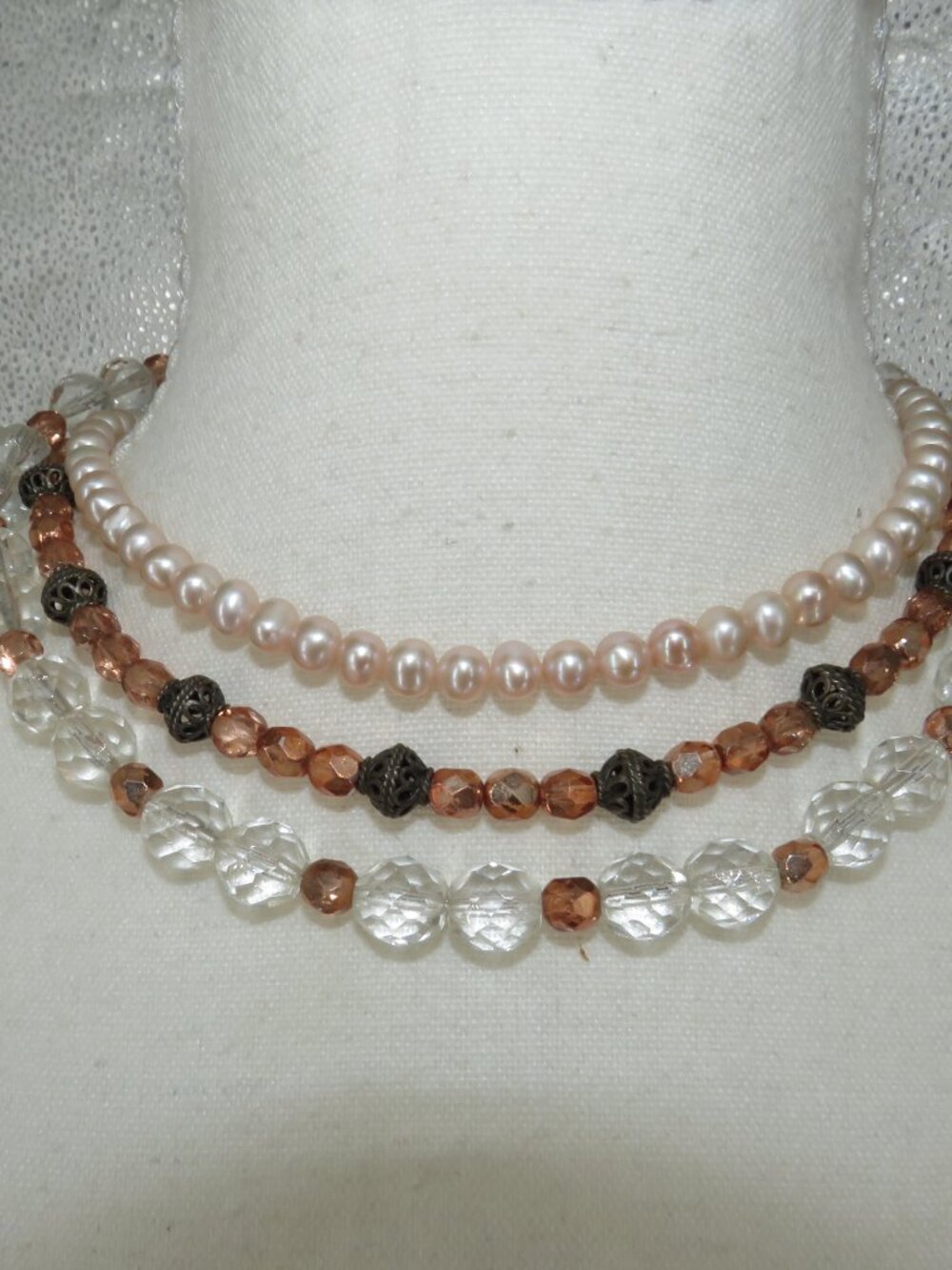 Vintage multi strand beaded necklace pink pearl amber faceted beads 16in - Picture 4 of 5